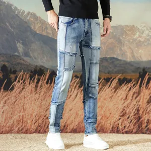 Jeans de hombre retro patchwork slim fit elástico casual vintage recto pantalón largo