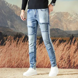 Pantalón vaquero hombre americano retro patchwork desgastado slim elástico recto principal