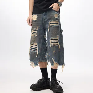 Men's American Retro Washed Distressed Denim Shorts Loose Casual High Street Fashion Pants