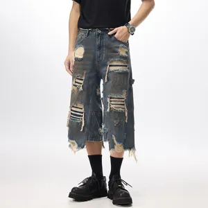 Men's retro washed distressed denim shorts casual loose high street style knee length pants