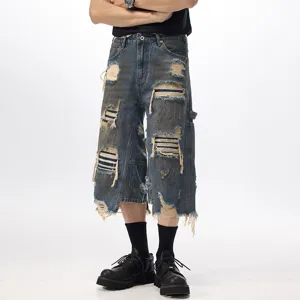 American retro washed distressed ripped denim shorts loose casual straight-leg streetwear pants