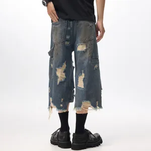 American retro washed distressed denim shorts for men, loose casual high street streetwear.