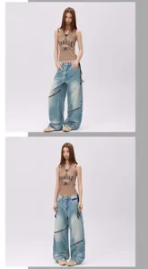 Washed vintage distressed loose asymmetric zip straight jeans for trendy streetwear looks.