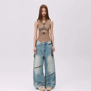 Washed Vintage Distressed Loose Asymmetric Patchwork Zipper Straight Leg Denim Jeans For Women Casual Streetwear Denim Pants