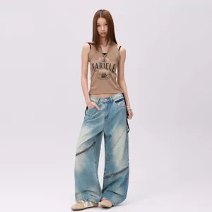 Washed vintage distressed baggy denim jeans with asymmetric zippers and stylish ribbed tank top.