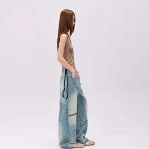 Washed retro distressed loose asymmetric patchwork straight leg jeans for women casual style