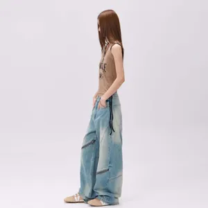 Vintage washed distressed loose denim pants, stylish oversized straight-leg jeans with zippers.
