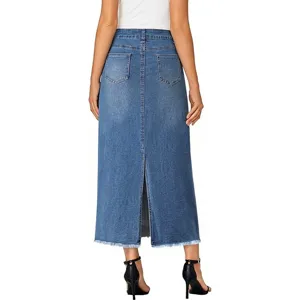 High waist denim midi skirt with back slit and raw hem for women blue detail view.