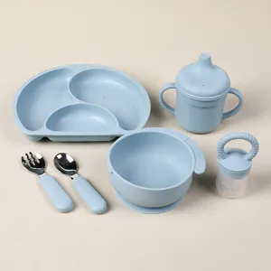 Baby silicone feeding set with suction plate bowl cup fork spoon baby weaning tableware