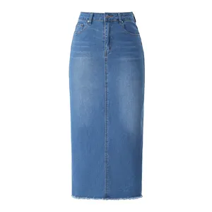 Close-up detail of the mid-blue high-waisted denim midi skirt featuring a raw frayed hem.