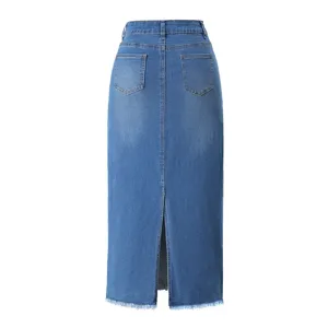 Back detail of high waist midi denim skirt with raw fringe hem and back slit, blue wash.