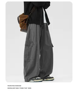 Men's American vintage curved cargo pants loose fit casual trousers streetwear stylish design