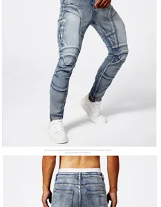 Jeans uomo slim fit strappati stile biker patchwork pantaloni casual alla moda nuovi