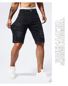 Short en denim noir déchiré pour homme mode estivale décontracté slim fit stretch denim short.