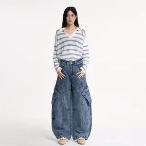 Γυναικείο Casual Φαρδύ Παντελόνι Cargo Vintage Washed Denim Παντελόνι High Waist Multi Pocket Streetwear