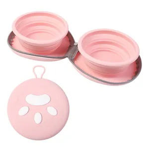 Set de gamelles pliables en silicone portable avec étui rose pour chiens et chats.