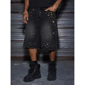 Short en Denim Décontracté pour Hommes Coupe Droite Printemps Été Streetwear avec Strass et Bord Brut