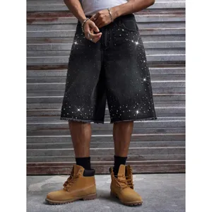 Short en denim noir pour homme avec strass style de rue decontracte mode ete vetement