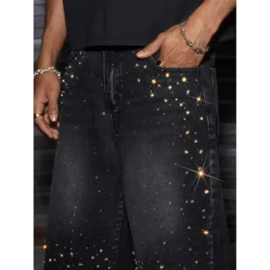 Pantalon en denim noir avec strass pour hommes mode style decontracte streetwear printemps