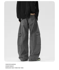 Mens vintage wide leg cargo pants loose fit casual trousers streetwear dark grey size