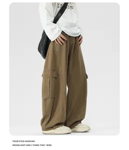 American vintage curved leg cargo pants for men, loose fit wide leg casual trousers with pockets.