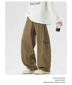 Mens vintage cargo pants baggy wide leg casual trousers with side pockets streetwear.