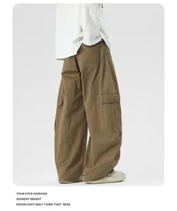 Mens vintage loose cargo pants casual curved trousers wide leg streetwear style aesthetic