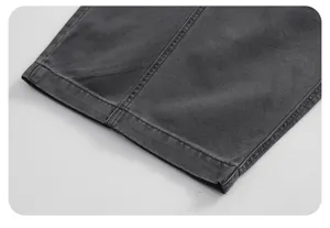 Dark gray vintage casual pants hem detail, retro wide leg trousers clean fit stereo cutting.