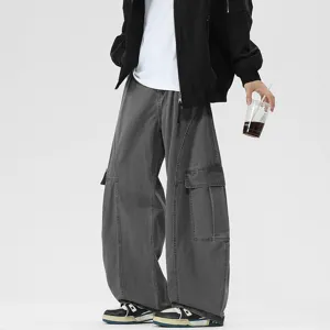 Mens vintage dark grey wide leg cargo pants loose fit casual streetwear trousers stylish.