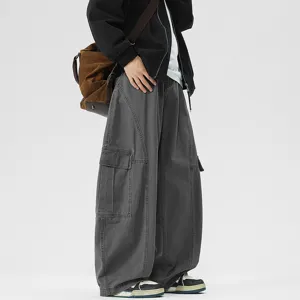 American vintage curved leg loose wide leg cargo pants for men casual streetwear trousers