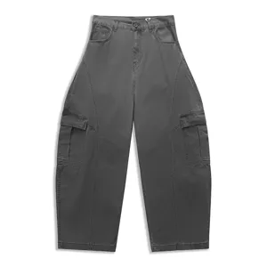 American vintage curved leg cargo pants, loose fit casual wide leg denim trousers in dark grey.