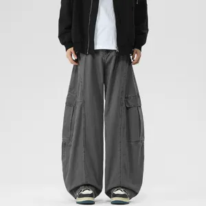 Mens Casual Cotton Blend Wide Leg Cargo Pants Vintage Loose Straight Denim Trousers 3D Tailored Streetwear Street Style