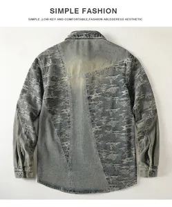 Camisa vaquera de manga larga lavada vintage para hombre chaqueta informal con parches.