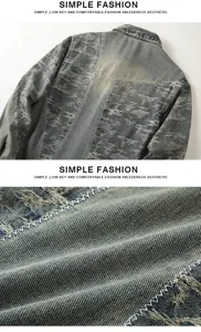 Chaqueta de camisa vaquera jacquard lavada vintage para hombre, diseño casual de manga larga y solapa.