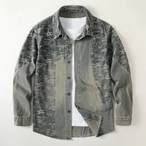 Heren Casual Lange Mouw Denim Hemd Vintage Gewassen Jacquard Omgeslagen Kraag Losse Pasvorm Retro Jas