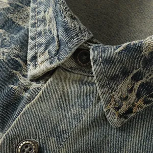 Heren vintage gewassen denim overhemd jas, retro revers top met prachtige jacquard texture.