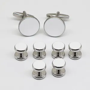 Silver metal cufflinks and shirt studs set, minimalist round design for men's formal wear.