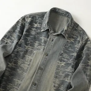 Heren vintage gewassen lang mouw denim overhemd, casual jacquard jas voor de lente.