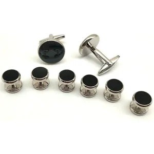 Men's metal cufflinks and shirt studs set, classic round black design for formal suits.