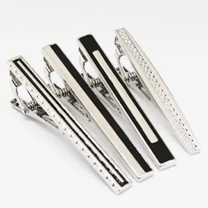 Silver tone metal tie clip set for men business suits, classy textured and black inlay design.