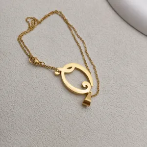 Gold initial letter pendant necklace detail closeup, stainless steel fashion jewelry item.