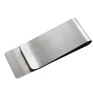 Minimalist stainless steel money clip for men, sleek brushed metal wallet clip for cash.