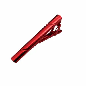 Red metal tie clip for men, stylish business suit accessory, glossy polished finish.