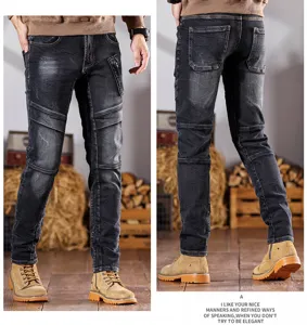 Jeans Hombre Slim Fit Moto Desgastado Gris Humo Pantalón Casual Patchwork Denim