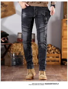 Jeans de hombre gris humo desgastado estilo biker slim fit pantalon casual de denim