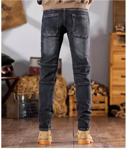 Hombre retro lavado slim fit moto jeans gris desgastado tapered casual denim pantalones