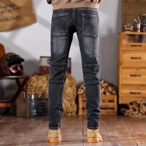 Pantalones vaqueros hombre gris humo retro desgastado slim biker patchwork casual denim