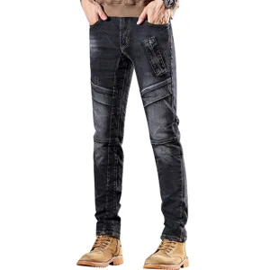 Hombre gris humo desgastado biker slim jeans vintage casual pantalon elastico denim