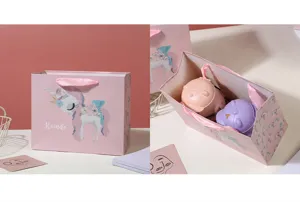 Pink cartoon unicorn gift bag set with cute water cups for kids party packaging.