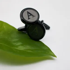 Mens Black Round Letter A Cufflinks Copper Plated Business Minimalist Cuff Links